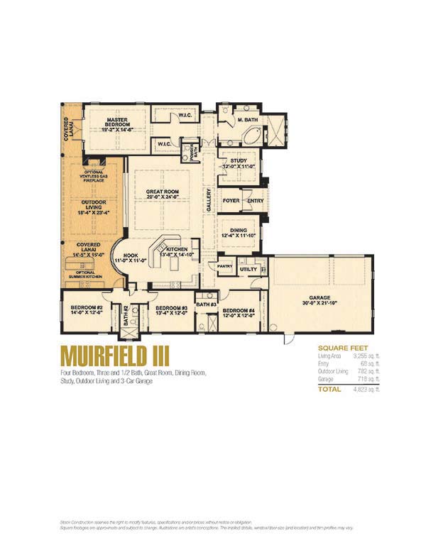 Muirfield III Floor Plan in Mahogany Bend, Fiddlers Creek Stock Construction, 4 bedroom, 3.5 bath, great room, study, dining room, 3-car garage
